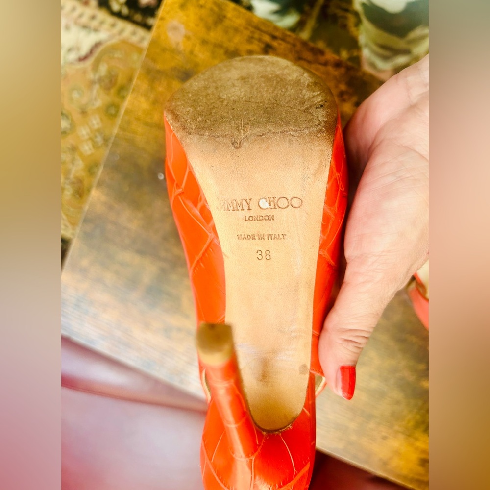 Jimmy Choo Vibrant Orange Peep-Toe Heels - Picture 6 of 12